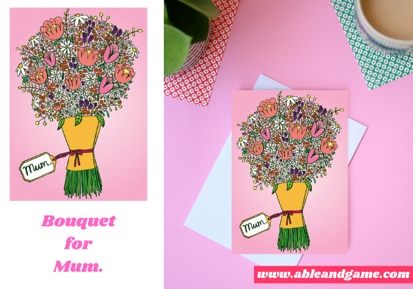 greeting card for mum, large bouquet of flowers with a tag that says mum